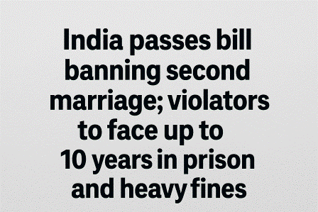 India passes bill banning second marriage; violators to face up to 10 years in prison and heavy fines.”